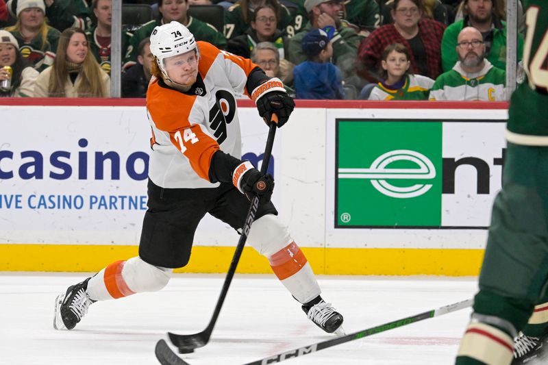 Jan 12, 2024; Saint Paul, Minnesota, USA; Philadelphia Flyers forward Owen Tippett (74) scores a goal against the Minnesota Wild during the third period at Xcel Energy Center. Mandatory Credit: Nick Wosika-USA TODAY Sports