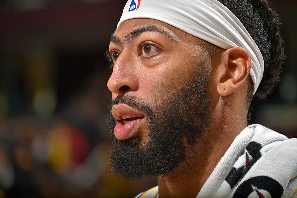 CLEVELAND, OH - NOVEMBER 25: Anthony Davis #3 of the Los Angeles Lakers talks to the media after the game against the Cleveland Cavaliers on November 25, 2023 at Rocket Mortgage FieldHouse in Cleveland, Ohio. NOTE TO USER: User expressly acknowledges and agrees that, by downloading and/or using this Photograph, user is consenting to the terms and conditions of the Getty Images License Agreement. Mandatory Copyright Notice: Copyright 2023 NBAE (Photo by David Liam Kyle/NBAE via Getty Images)