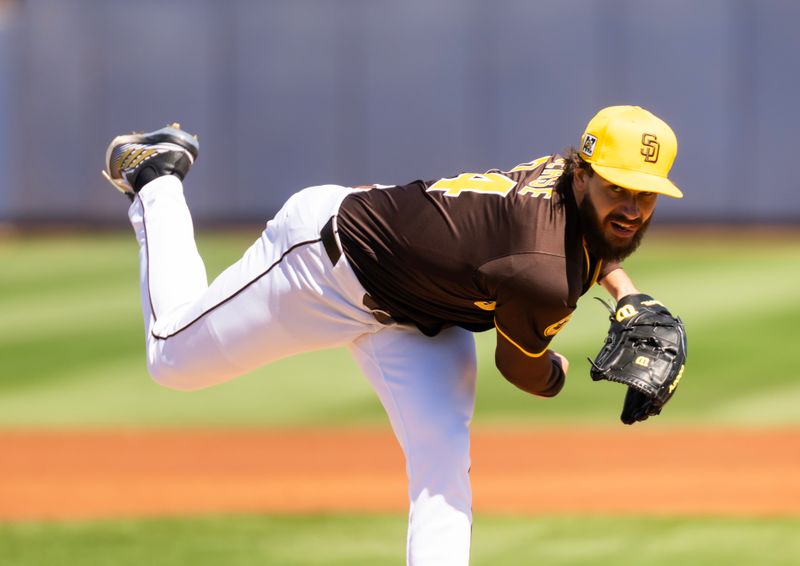 Mar 11, 2025; Peoria, Arizona, USA; San Diego Padres pitcher Dylan Cease against the Chicago White Sox during a spring training game at Peoria Sports Complex. Mandatory Credit: Mark J. Rebilas-Imagn Images