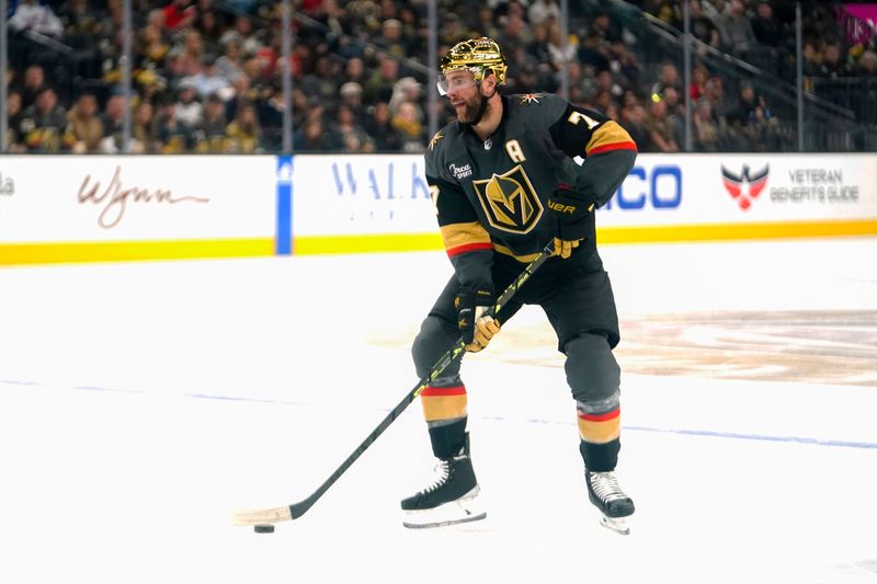 Mar 19, 2023; Las Vegas, Nevada, USA; Vegas Golden Knights defenseman Alex Pietrangelo (7) skates with the puck during the second period against the Columbus Blue Jackets at T-Mobile Arena. Mandatory Credit: Lucas Peltier-USA TODAY Sports