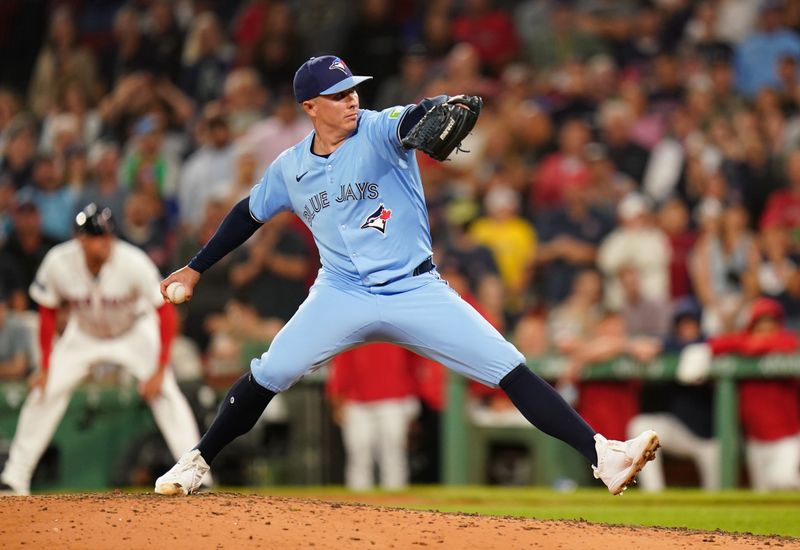 Aug 29, 2024; Boston, Massachusetts, USA; Toronto Blue Jays relief pitcher Chad Green (57) throws a pitch against the Boston Red Sox in the ninth inning at Fenway Park. Mandatory Credit: David Butler II-USA TODAY Sports