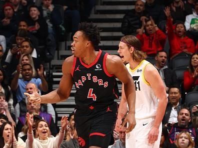 TORONTO, CANADA - DECEMBER 23:  Scottie Barnes #4 of the Toronto Raptors reacts during the game against the Utah Jazz on December 23, 2023 at the Scotiabank Arena in Toronto, Ontario, Canada.  NOTE TO USER: User expressly acknowledges and agrees that, by downloading and or using this Photograph, user is consenting to the terms and conditions of the Getty Images License Agreement.  Mandatory Copyright Notice: Copyright 2023 NBAE (Photo by Vaughn Ridley/NBAE via Getty Images)