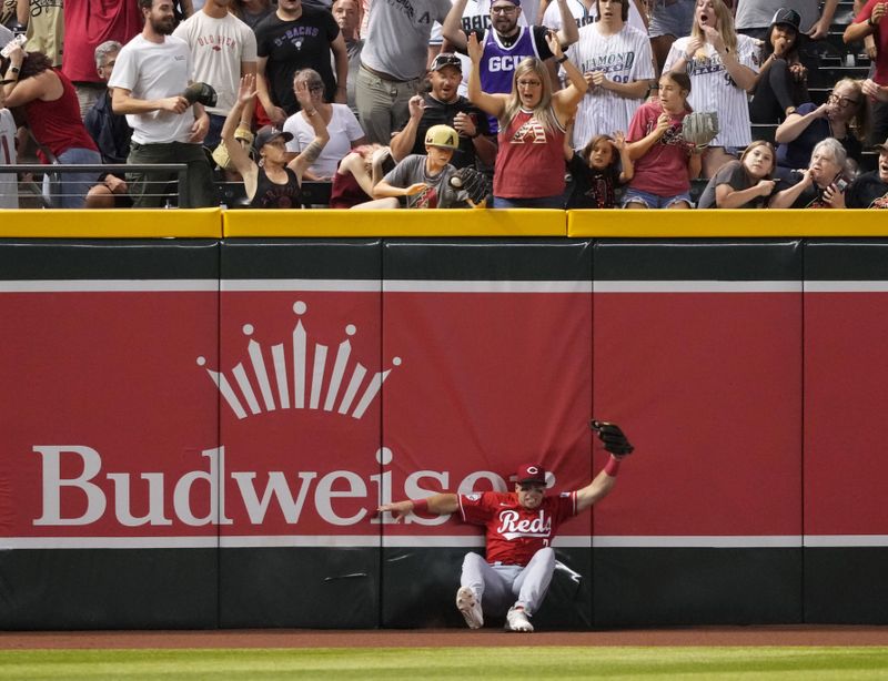 Aug 25, 2023; Phoenix, Arizona, USA; Cincinnati Reds left fielder Spencer Steer (7) is unable to make a catch on a ball hit by Arizona Diamondbacks left fielder Tommy Pham (not pictured) as a fan interferes with the play during the seventh inning at Chase Field. The home run was overturned due to fan interference. Mandatory Credit: Joe Camporeale-USA TODAY Sports