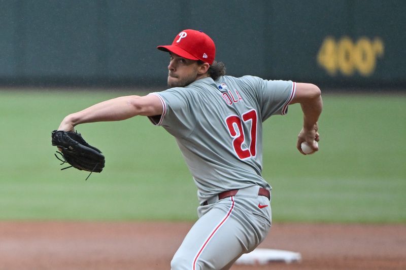 Apr 10, 2024; St. Louis, Missouri, USA;  Philadelphia Phillies starting pitcher Aaron Nola (27) pitches against the St. Louis Cardinals during the third inning at Busch Stadium. Mandatory Credit: Jeff Curry-USA TODAY Sports