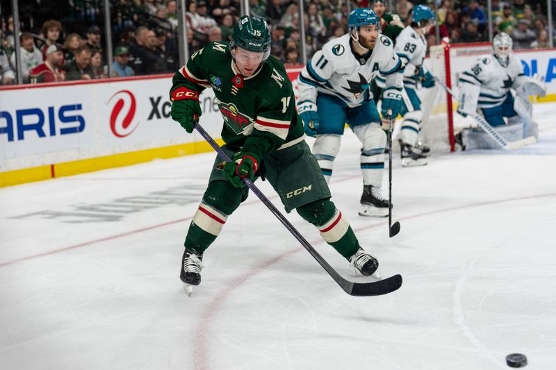 Mar 3, 2024; Saint Paul, Minnesota, USA; Minnesota Wild center Mason Shaw (15) chases a loose puck against the San Jose Sharks in the second period at Xcel Energy Center. Mandatory Credit: Matt Blewett-USA TODAY Sports