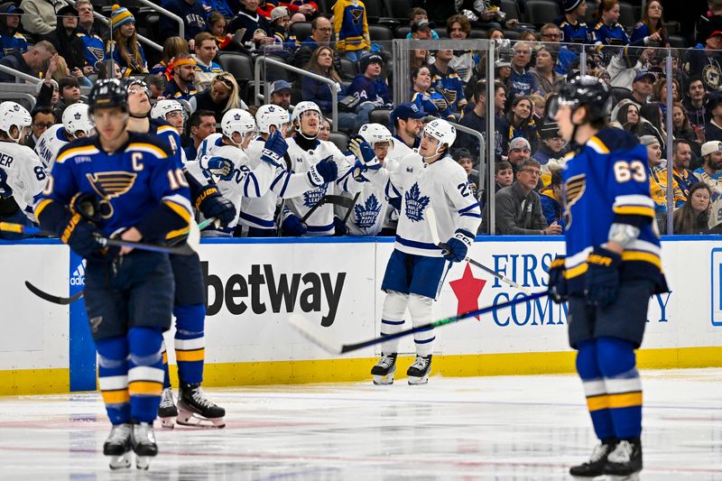 Feb 19, 2024; St. Louis, Missouri, USA;  Toronto Maple Leafs left wing Matthew Knies (23) is congratulated by teammates after scoring against the St. Louis Blues during the second period at Enterprise Center. Mandatory Credit: Jeff Curry-USA TODAY Sports