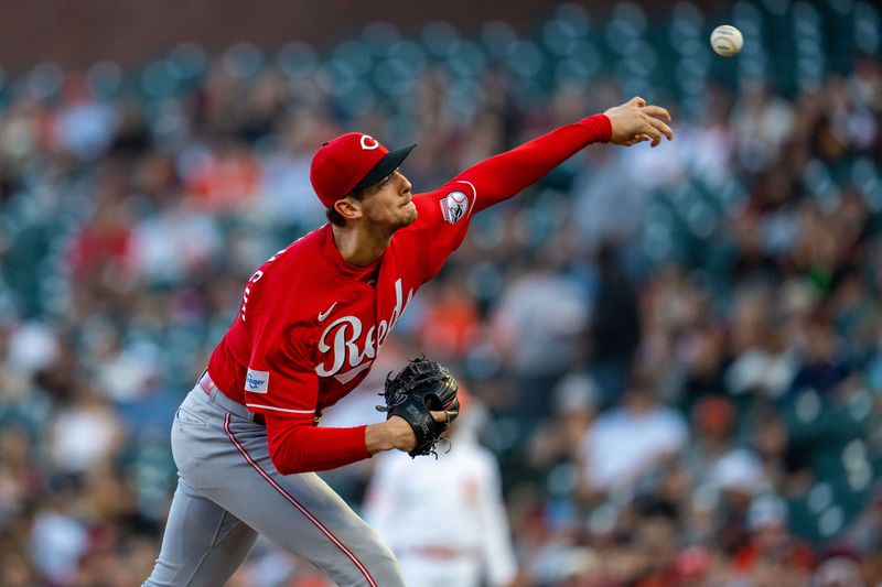 Aug 29, 2023; San Francisco, California, USA;  Cincinnati Reds starting pitcher Brandon Williamson (55) delivers a pitch against the San Francisco Giants during the first inning at Oracle Park. Mandatory Credit: Neville E. Guard-USA TODAY Sports