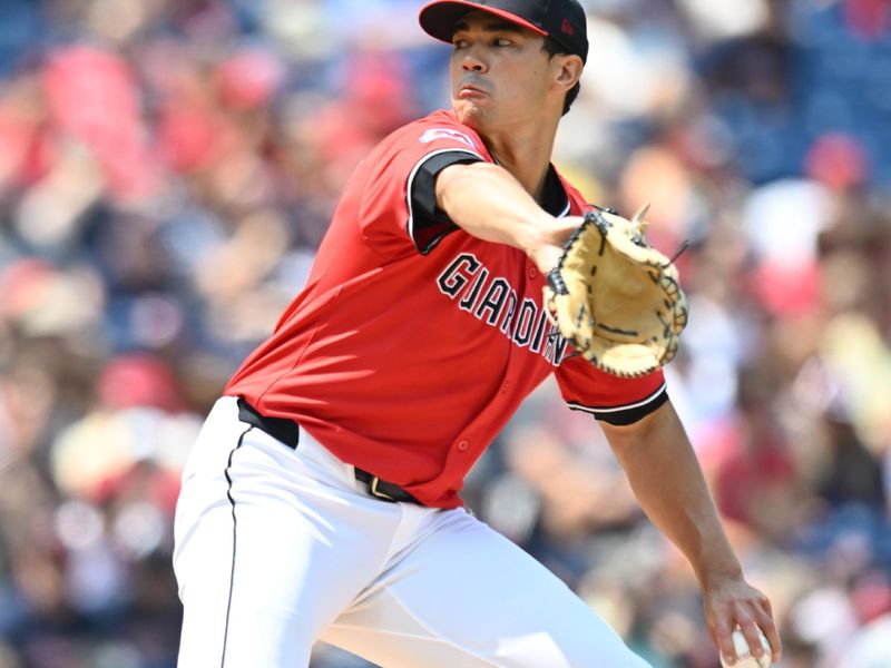 Aug 3, 2025; Cleveland, Ohio, USA; Cleveland Guardians relief pitcher Joey Cantillo (54) throws a pitch during the first inning against the Minnesota Twins at Progressive Field. Mandatory Credit: Ken Blaze-Imagn Images