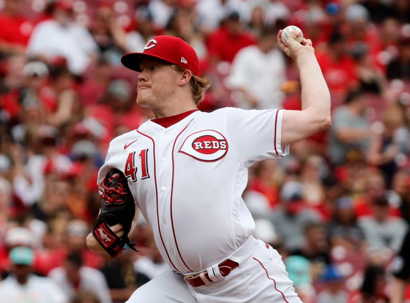 Jul 2, 2023; Cincinnati, Ohio, USA; Cincinnati Reds starting pitcher Andrew Abbott (41) throws against the San Diego Padres during the first inning at Great American Ball Park. Mandatory Credit: David Kohl-USA TODAY Sports