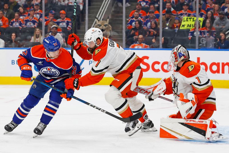 Mar 4, 2025; Edmonton, Alberta, CAN; Edmonton Oilers forward Vasily Podkolzin (92) looks for a loose puck in front of Anaheim Ducks goaltender Lucas Dostal (1) during the first period at Rogers Place. Mandatory Credit: Perry Nelson-Imagn Images