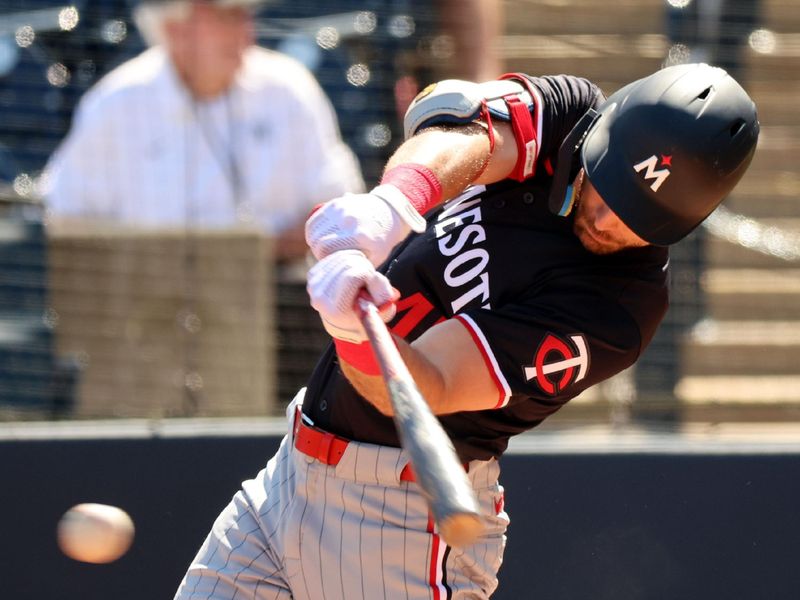 Feb 26, 2024; Tampa, Florida, USA; Minnesota Twins second baseman Edouard Julien (47) singles during the third inning against the New York Yankees  at George M. Steinbrenner Field. Mandatory Credit: Kim Klement Neitzel-USA TODAY Sports