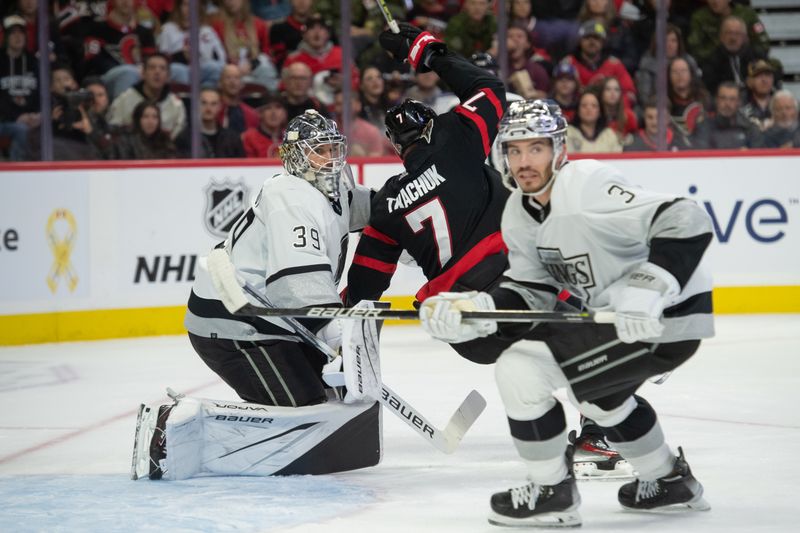 Nov 2, 2023; Ottawa, Ontario, CAN; Ottawa Senators left wing Brady Tkachuk (7) loses his balance while screening  Los Angeles Kings goalie Cam Talbot (39) in the first period at the Canadian Tire Centre. Mandatory Credit: Marc DesRosiers-USA TODAY Sports