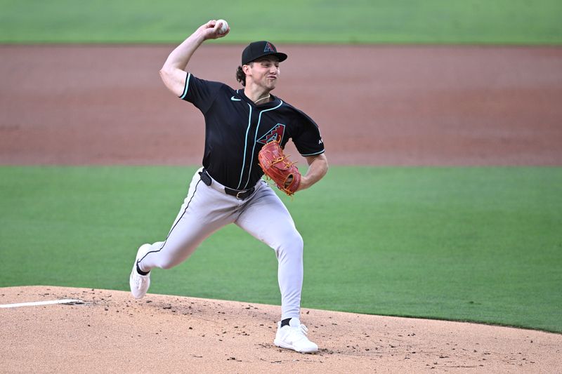 Jul 6, 2024; San Diego, California, USA; Arizona Diamondbacks starting pitcher Brandon Pfaadt (32) pitches against the San Diego Padres during the first inning at Petco Park. Mandatory Credit: Orlando Ramirez-USA TODAY Sports