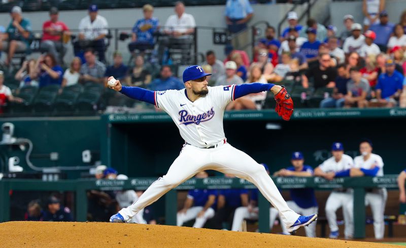 Jul 24, 2024; Arlington, Texas, USA; Texas Rangers starting pitcher Nathan Eovaldi (17) throws during the first inning against the Chicago White Sox at Globe Life Field. Mandatory Credit: Kevin Jairaj-USA TODAY Sports