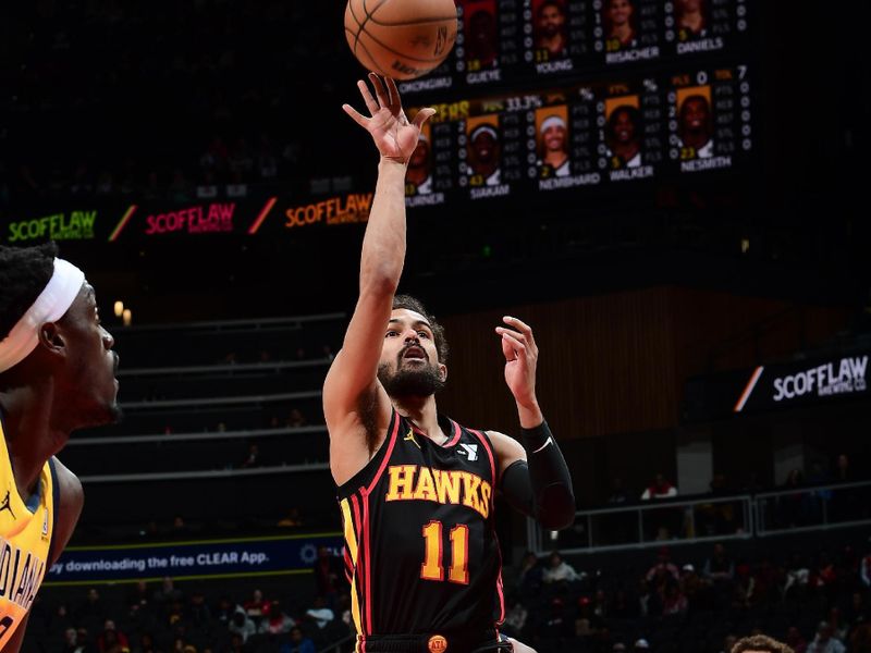 ATLANTA, GA - MARCH 6:  Trae Young #11 of the Atlanta Hawks shoots the ball during the game against the Indiana Pacers on March 6, 2025 at State Farm Arena in Atlanta, Georgia.  NOTE TO USER: User expressly acknowledges and agrees that, by downloading and/or using this Photograph, user is consenting to the terms and conditions of the Getty Images License Agreement. Mandatory Copyright Notice: Copyright 2025 NBAE (Photo by Scott Cunningham/NBAE via Getty Images)