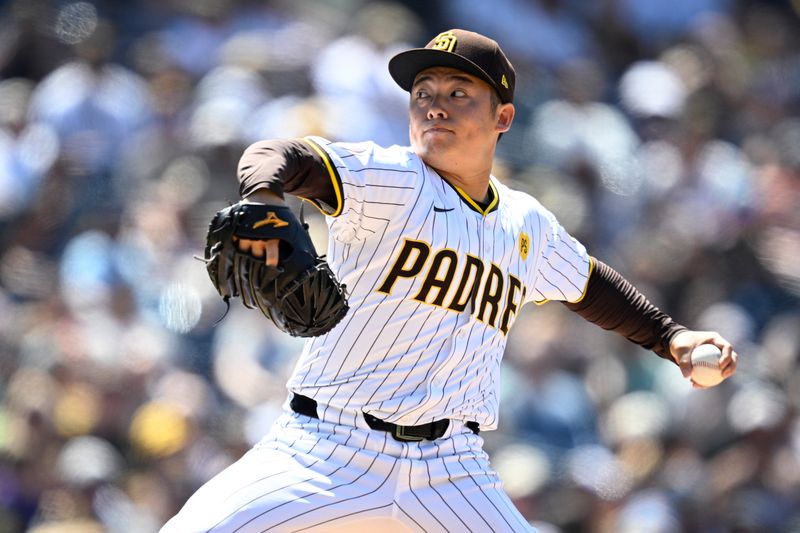 Jun 26, 2024; San Diego, California, USA; San Diego Padres relief pitcher Yuki Matsui (1) pitches against the Washington Nationals during the eighth inning at Petco Park. Mandatory Credit: Orlando Ramirez-USA TODAY Sports