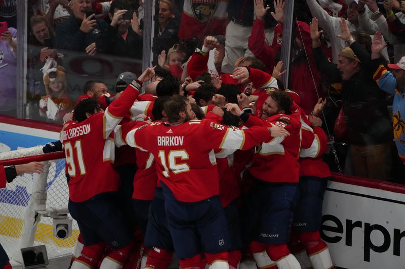 Jun 24, 2024; Sunrise, Florida, USA; Florida Panthers celebrate winning against the Edmonton Oilers in game seven of the 2024 Stanley Cup Final at Amerant Bank Arena. Mandatory Credit: Jim Rassol-USA TODAY Sports