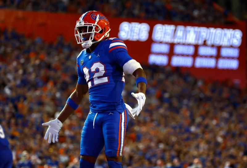 Nov 12, 2022; Gainesville, Florida, USA;  Florida Gators safety Rashad Torrence II (22) reacts after they recovered the turn over against the South Carolina Gamecocks during the second half at Ben Hill Griffin Stadium. Mandatory Credit: Kim Klement-USA TODAY Sports