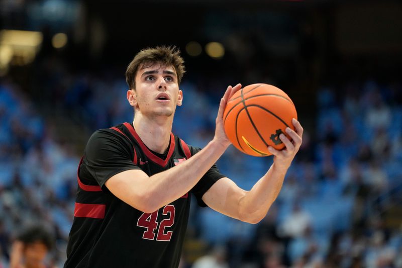 Jan 18, 2025; Chapel Hill, North Carolina, USA; Stanford Cardinal forward Maxime Raynaud (42) at the free throw line in the first half at Dean E. Smith Center. Mandatory Credit: Bob Donnan-Imagn Images