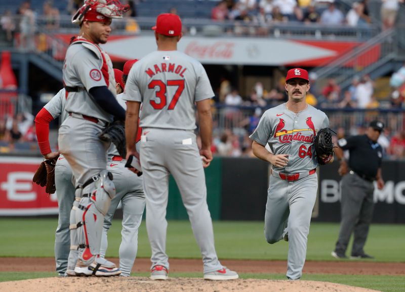 Jul 2, 2024; Pittsburgh, Pennsylvania, USA;  St. Louis Cardinals relief pitcher Ryan Fernandez (64) jogs in from the bullpen on a pitching change against the Pittsburgh Pirates during the sixth inning at PNC Park. Mandatory Credit: Charles LeClaire-USA TODAY Sports