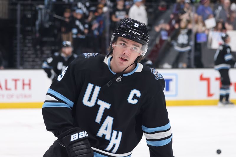 Jan 16, 2025; Salt Lake City, Utah, USA; Utah Hockey Club center Clayton Keller (9) warms up before a game against the before the game against the New York Rangers at Delta Center. Mandatory Credit: Rob Gray-Imagn Images