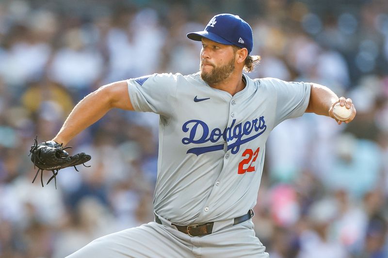 Jul 31, 2024; San Diego, California, USA; Los Angeles Dodgers starting pitcher Clayton Kershaw (22) pitches during the first inning against the San Diego Padres at Petco Park. Mandatory Credit: David Frerker-USA TODAY Sports