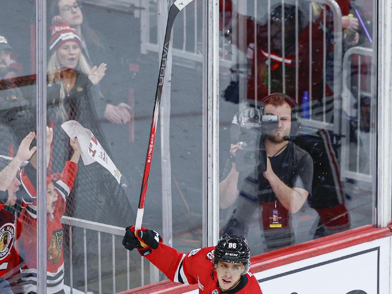 Nov 15, 2025; Chicago, Illinois, USA; Chicago Blackhawks center Teuvo Teravainen (86) celebrates after scoring against the Toronto Maple Leafs during the third period at United Center. Mandatory Credit: Kamil Krzaczynski-Imagn Images