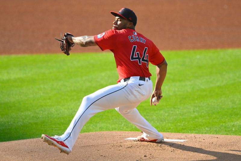 May 21, 2024; Cleveland, Ohio, USA; Cleveland Guardians starting pitcher Xzavion Curry (44) delivers a pitch in the first inning against the New York Mets at Progressive Field. Mandatory Credit: David Richard-USA TODAY Sports