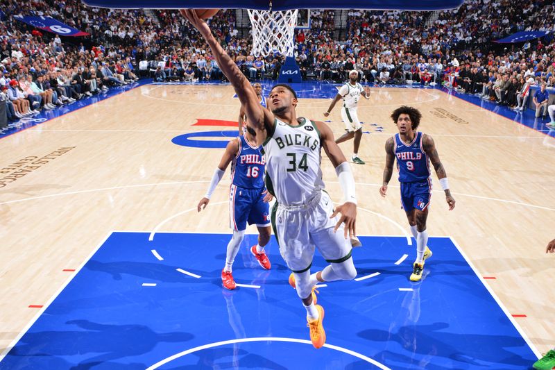 PHILADELPHIA, PA - OCTOBER 22: Giannis Antetokounmpo #34 of the Milwaukee Bucks drives to the basket during the game against the Philadelphia 76ers on October 22, 2024 at the Wells Fargo Center in Philadelphia, Pennsylvania NOTE TO USER: User expressly acknowledges and agrees that, by downloading and/or using this Photograph, user is consenting to the terms and conditions of the Getty Images License Agreement. Mandatory Copyright Notice: Copyright 2024 NBAE (Photo by Jesse D. Garrabrant/NBAE via Getty Images)