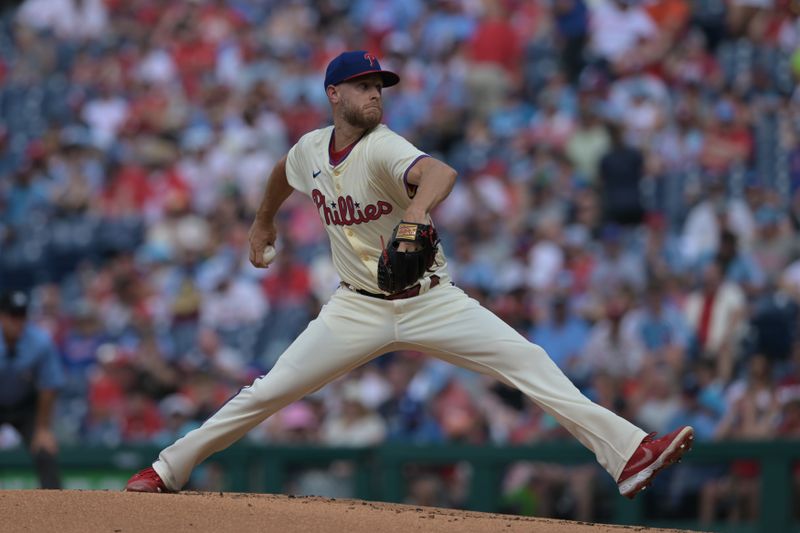 Jun 22, 2024; Philadelphia, Pennsylvania, USA;  Philadelphia Phillies pitcher Zack Wheeler (45) pitches in the second inning against the Arizona Diamondbacks at Citizens Bank Park. Mandatory Credit: John Geliebter-USA TODAY Sports