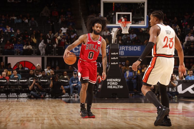 DETROIT, MI - NOVEMBER 18: Coby White #0 of the Chicago Bulls dribbles the ball during the game against the Detroit Pistons on November 18, 2024 at Little Caesars Arena in Detroit, Michigan. NOTE TO USER: User expressly acknowledges and agrees that, by downloading and/or using this photograph, User is consenting to the terms and conditions of the Getty Images License Agreement. Mandatory Copyright Notice: Copyright 2024 NBAE (Photo by Brian Sevald/NBAE via Getty Images)