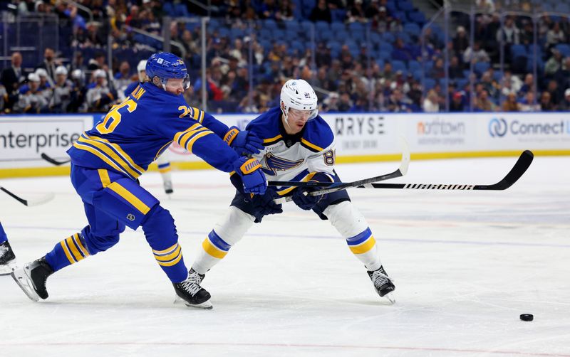 Nov 14, 2024; Buffalo, New York, USA;  Buffalo Sabres defenseman Rasmus Dahlin (26) and St. Louis Blues center Dylan Holloway (81) go after a loose puck during the first period at KeyBank Center. Mandatory Credit: Timothy T. Ludwig-Imagn Images