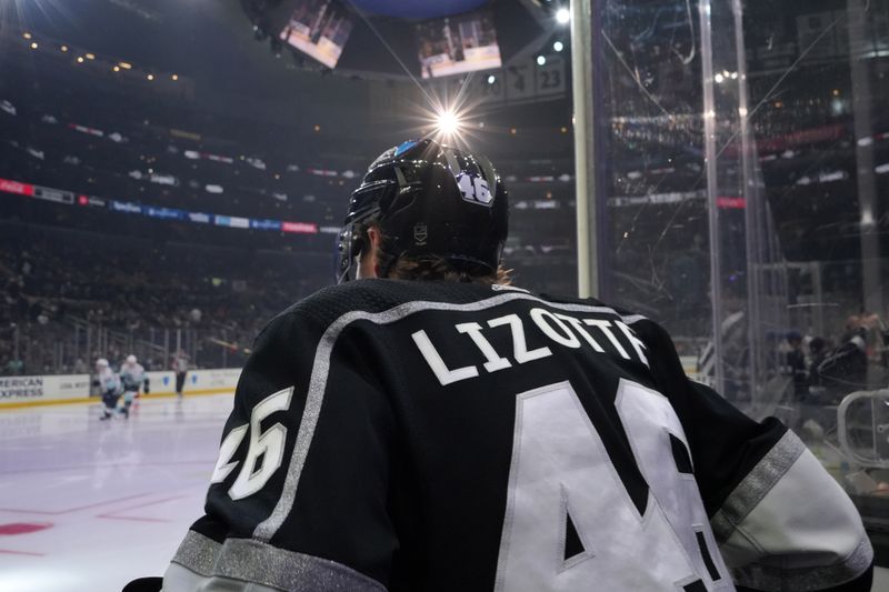 Dec 20, 2023; Los Angeles, California, USA; LA Kings center Blake Lizotte (46) enters the ice in the second period against the Seattle Kraken at Crypto.com Arena. Mandatory Credit: Kirby Lee-USA TODAY Sports