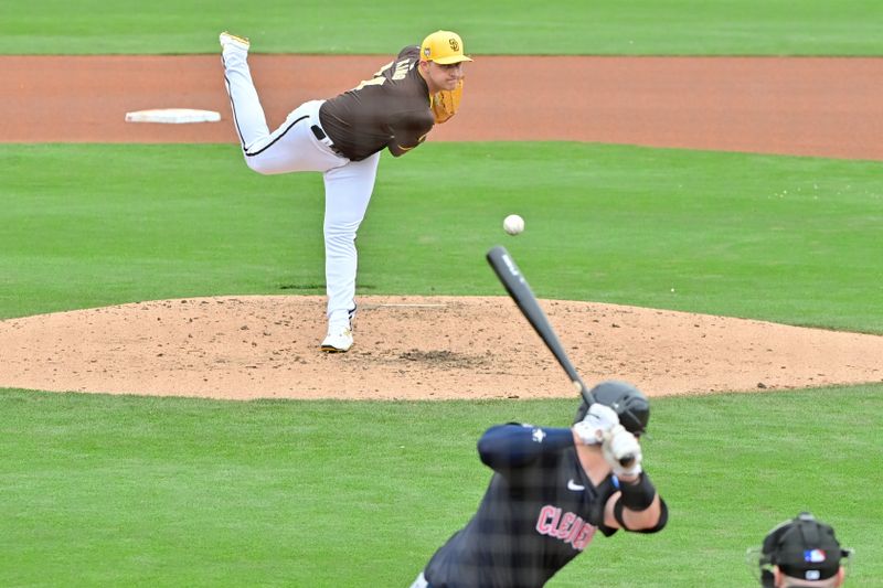 Feb 26, 2024; Peoria, Arizona, USA;  San Diego Padres relief pitcher Michael King (34) throws in the fourth inning against the Cleveland Guardians during a spring training game at Peoria Sports Complex. Mandatory Credit: Matt Kartozian-USA TODAY Sports