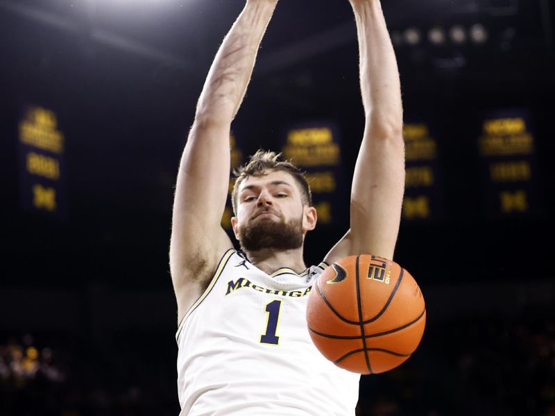 Feb 8, 2023; Ann Arbor, Michigan, USA;  Michigan Wolverines center Hunter Dickinson (1) dunks in the first half against the Nebraska Cornhuskers at Crisler Center. Mandatory Credit: Rick Osentoski-USA TODAY Sports