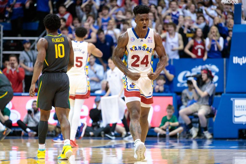 Feb 18, 2023; Lawrence, Kansas, USA; Kansas Jayhawks forward K.J. Adams Jr. (24) reacts after a play against the Baylor Bears during the second half at Allen Fieldhouse. Mandatory Credit: William Purnell-USA TODAY Sports