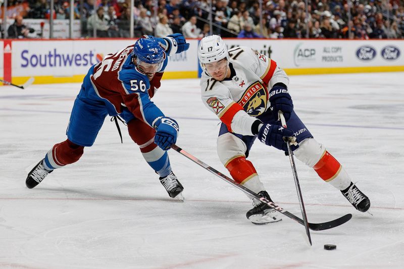 Jan 6, 2024; Denver, Colorado, USA; Florida Panthers center Evan Rodrigues (17) controls the puck under pressure fromColorado Avalanche defenseman Kurtis MacDermid (56) in the third period at Ball Arena. Mandatory Credit: Isaiah J. Downing-USA TODAY Sports