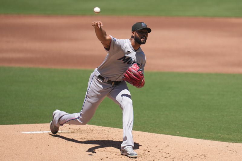 Aug 23, 2023; San Diego, California, USA;  Miami Marlins starting pitcher Sandy Alcantara (22) throws a pitch against to the San Diego Padres during the first inning at Petco Park. Mandatory Credit: Ray Acevedo-USA TODAY Sports