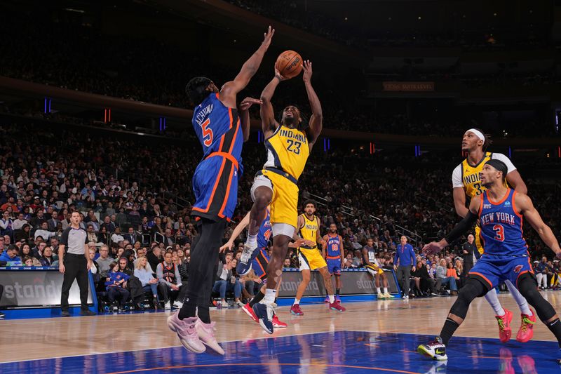 NEW YORK, NY - FEBRUARY 10: Aaron Nesmith #23 of the Indiana Pacers shoots the ball during the game against the New York Knicks on February 10, 2024 at Madison Square Garden in New York City, New York.  NOTE TO USER: User expressly acknowledges and agrees that, by downloading and or using this photograph, User is consenting to the terms and conditions of the Getty Images License Agreement. Mandatory Copyright Notice: Copyright 2024 NBAE  (Photo by Jesse D. Garrabrant/NBAE via Getty Images)