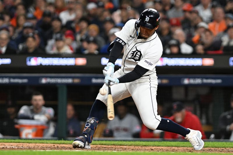 Oct 10, 2024; Detroit, Michigan, USA; Detroit Tigers outfielder Wenceel Perez (46) hits a single in the sixth inning against the Cleveland Guardians during game four of the ALDS for the 2024 MLB Playoffs at Comerica Park. Mandatory Credit: Lon Horwedel-Imagn Images