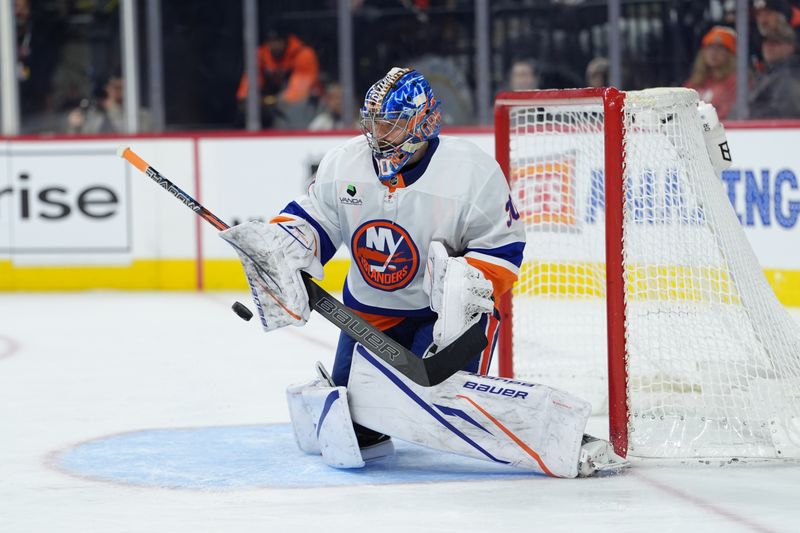 Jan 26, 2026; Philadelphia, Pennsylvania, USA; New York Islanders goalie Ilya Sorokin (30) makes a save against the Philadelphia Flyers in the third period at Xfinity Mobile Arena. Mandatory Credit: Kyle Ross-Imagn Images