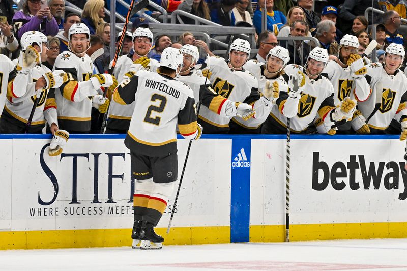 Dec 6, 2023; St. Louis, Missouri, USA;  Vegas Golden Knights defenseman Zach Whitecloud (2) is congratulated by teammates after scoring against the St. Louis Blues during the first period at Enterprise Center. Mandatory Credit: Jeff Curry-USA TODAY Sports