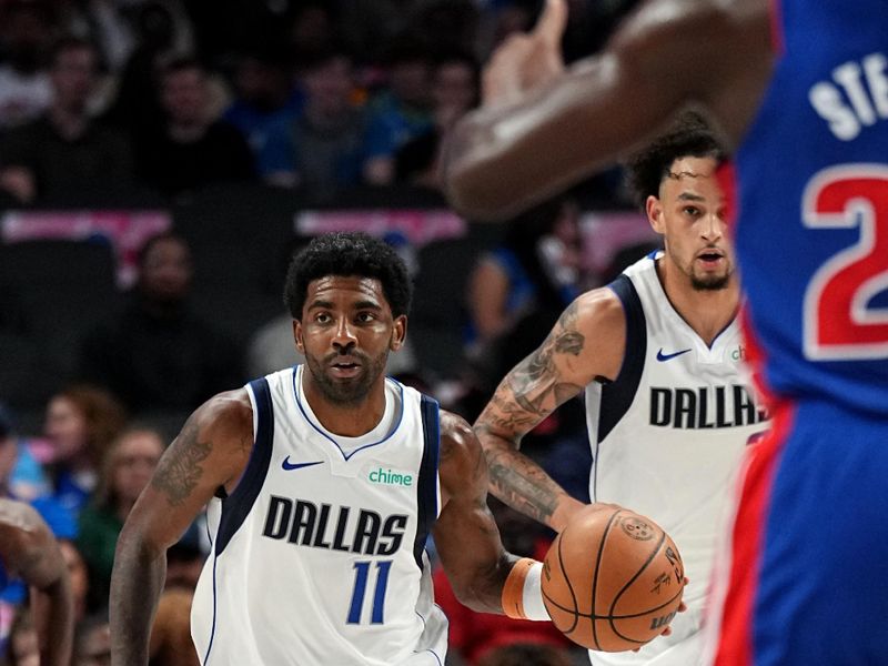 DALLAS, TX - OCTOBER 20: Kyrie Irving #11 of the Dallas Mavericks dribbles the ball during the game against the Detroit Pistons on October 20, 2023 at the American Airlines Center in Dallas, Texas. NOTE TO USER: User expressly acknowledges and agrees that, by downloading and or using this photograph, User is consenting to the terms and conditions of the Getty Images License Agreement. Mandatory Copyright Notice: Copyright 2023 NBAE (Photo by Glenn James/NBAE via Getty Images)