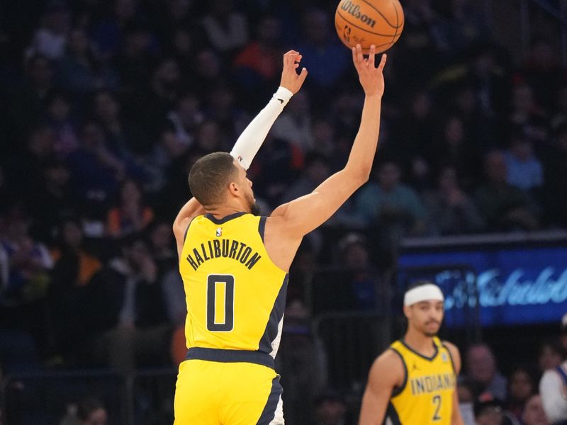 NEW YORK, NY - FEBRUARY 10: Tyrese Haliburton #0 of the Indiana Pacers shoots the ball during the game against the New York Knicks on February 10, 2024 at Madison Square Garden in New York City, New York.  NOTE TO USER: User expressly acknowledges and agrees that, by downloading and or using this photograph, User is consenting to the terms and conditions of the Getty Images License Agreement. Mandatory Copyright Notice: Copyright 2024 NBAE  (Photo by Jesse D. Garrabrant/NBAE via Getty Images)