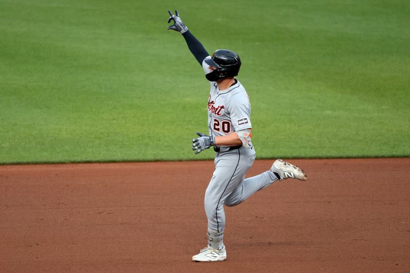 Jun 10, 2025; Baltimore, Maryland, USA; Detroit Tigers first baseman Spencer Torkelson (20) celebrates after hitting a home run during the fifth inning against the Baltimore Orioles at Oriole Park at Camden Yards. Mandatory Credit: Daniel Kucin Jr.-Imagn Images