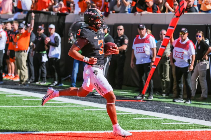 Oct 8, 2022; Stillwater, Oklahoma, USA;  Oklahoma State Cowboys quarterback Spencer Sanders (3) runs for a touchdown against the Texas Tech Red Raiders in the first quarter at Boone Pickens Stadium. Mandatory Credit: Nathan J Fish/The Oklahoman - USA TODAY NETWORK