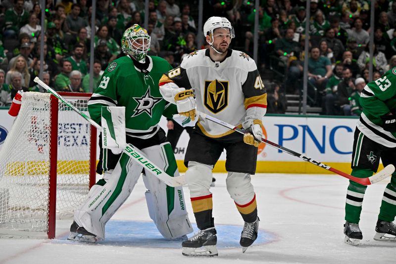 Apr 24, 2024; Dallas, Texas, USA; Vegas Golden Knights center Tomas Hertl (48) skates in front of Dallas Stars goaltender Jake Oettinger (29) during the third period in game two of the first round of the 2024 Stanley Cup Playoffs at American Airlines Center. Mandatory Credit: Jerome Miron-USA TODAY Sports