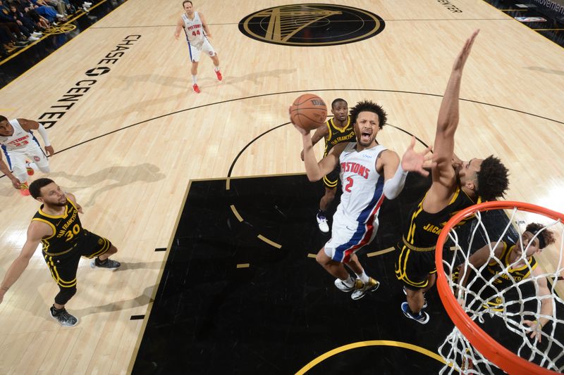 SAN FRANCISCO, CA - JANUARY 5: Cade Cunningham #2 of the Detroit Pistons drives to the basket during the game against the Golden State Warriors on January 5, 2024 at Chase Center in San Francisco, California. NOTE TO USER: User expressly acknowledges and agrees that, by downloading and or using this photograph, user is consenting to the terms and conditions of Getty Images License Agreement. Mandatory Copyright Notice: Copyright 2024 NBAE (Photo by Noah Graham/NBAE via Getty Images)