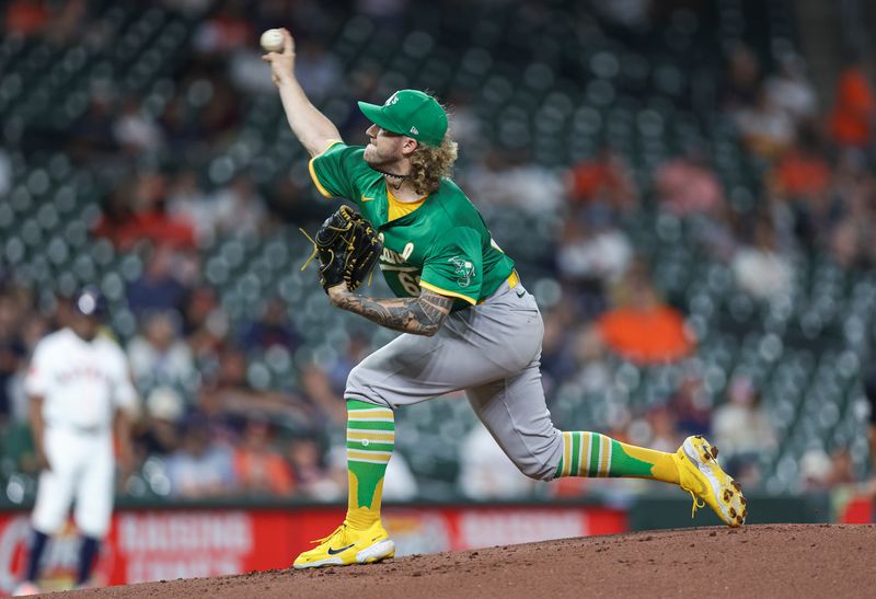 May 16, 2024; Houston, Texas, USA; Oakland Athletics starting pitcher Joey Estes (68) delivers a pitch during the first inning against the Houston Astros at Minute Maid Park. Mandatory Credit: Troy Taormina-USA TODAY Sports