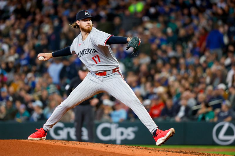 May 31, 2025; Seattle, Washington, USA; Minnesota Twins starting pitcher Bailey Ober (17) throws against the Seattle Mariners during the third inning at T-Mobile Park. Mandatory Credit: Joe Nicholson-Imagn Images